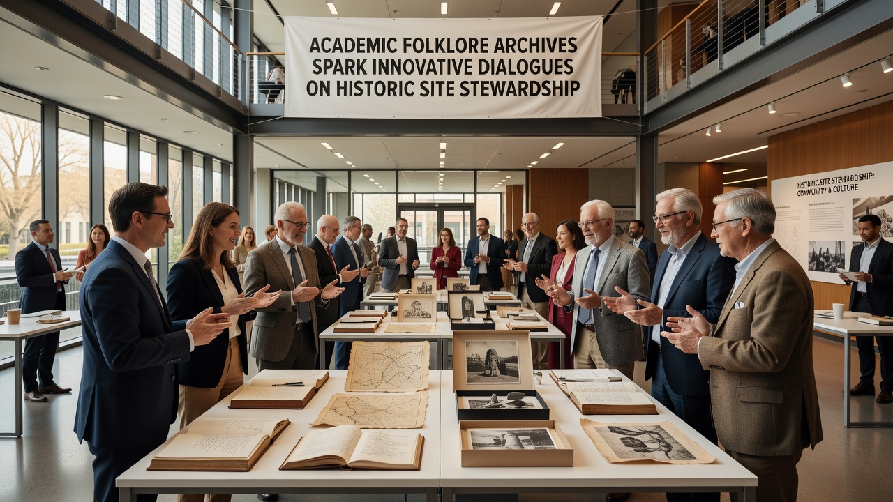 Group of heritage professionals reviewing digital folklore records during a stewardship planning session