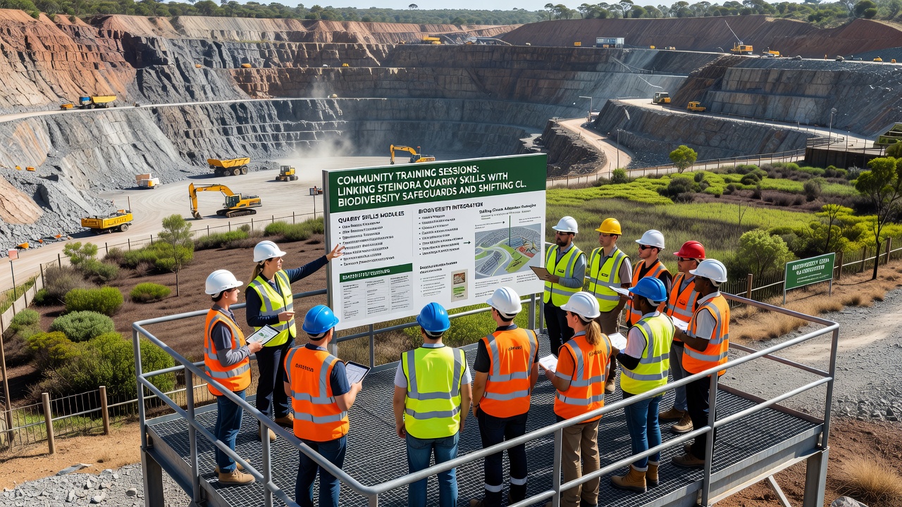 Trainees at Steinora Quarry using climate monitoring equipment alongside traditional extraction tools during a biodiversity-focused workshop