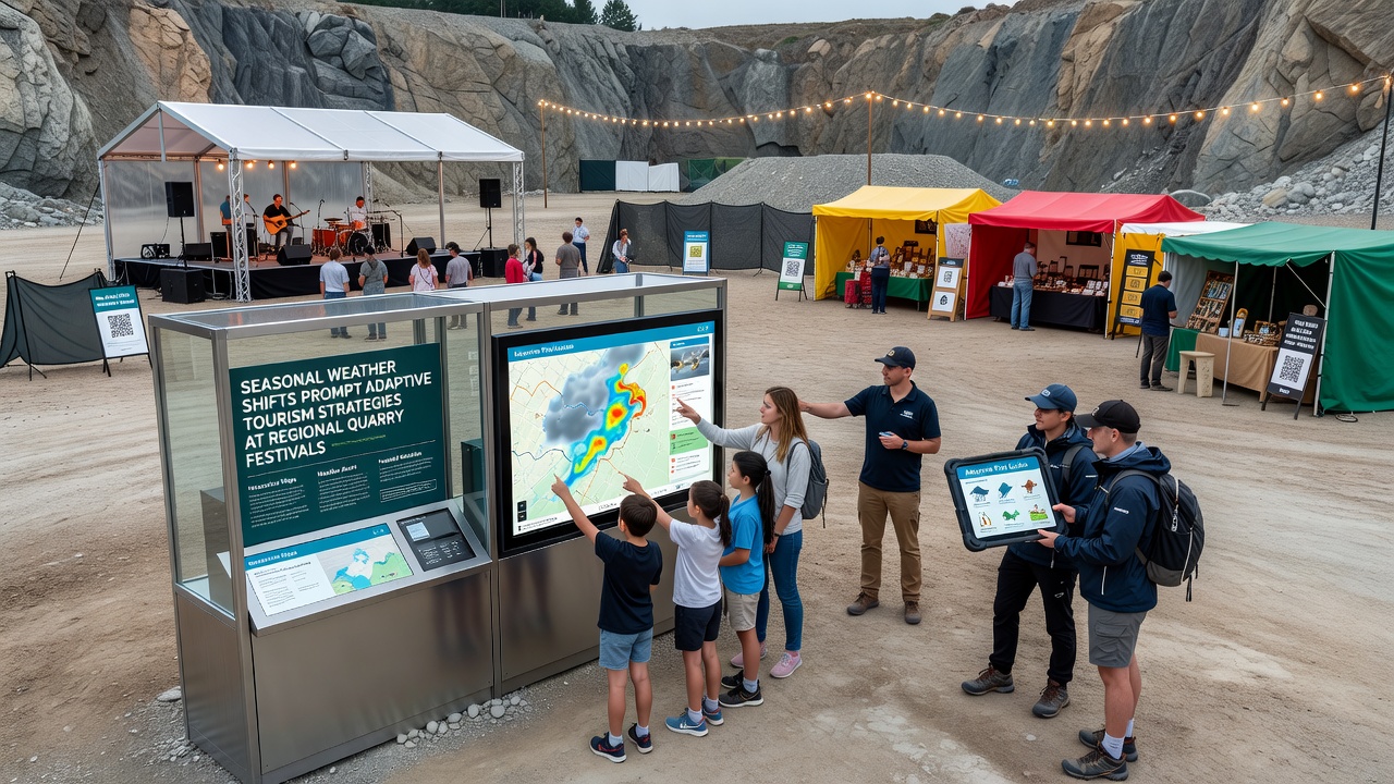 Visitors exploring adapted quarry festival exhibits under covered structures during variable weather