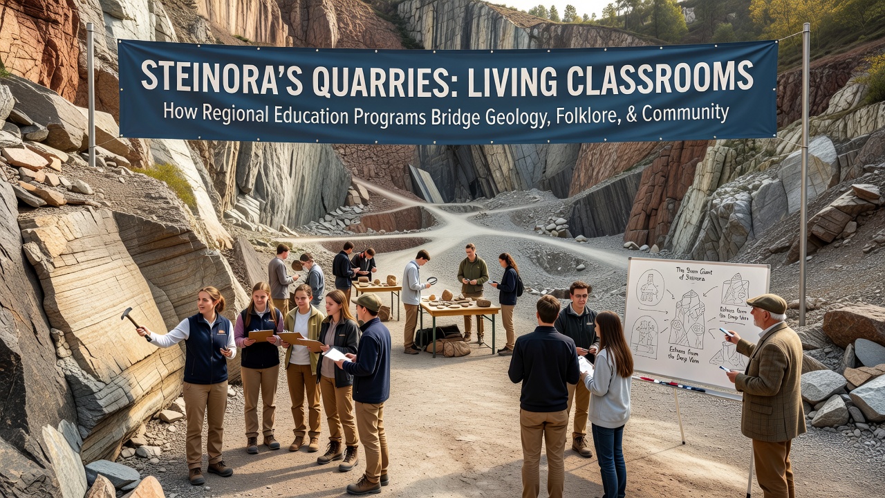 Group discussion on quarry folklore traditions with visible geological features in the background